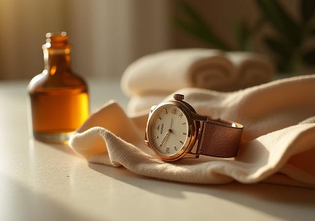 A luxury watch being carefully polished with a soft cloth next to a small bottle of aromatic oil.