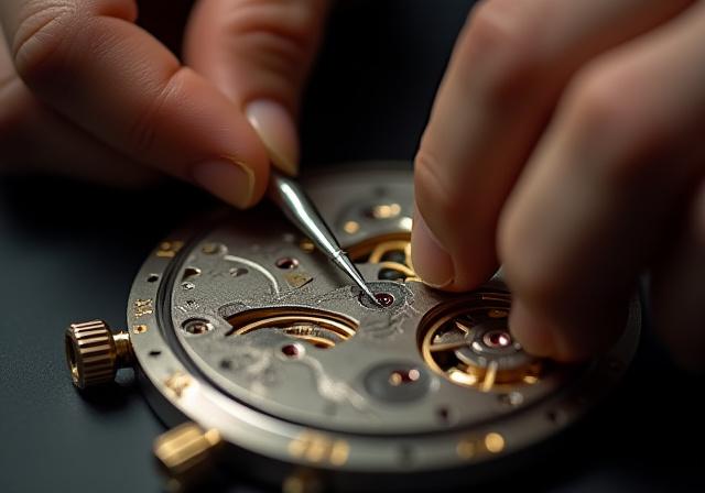 Close-up of a burin tool engraving a delicate leaf pattern onto a watch movement rotor.